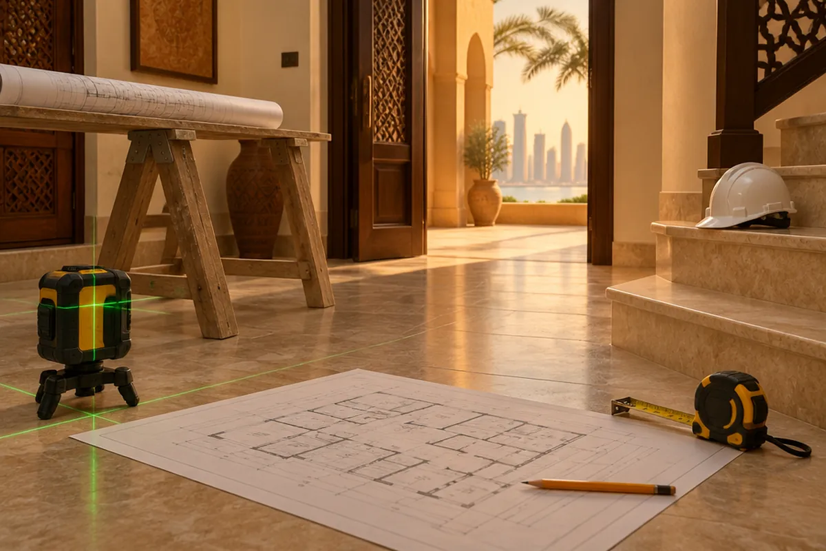 Measuring tools and a plan laid out on the tile floor of a villa site.