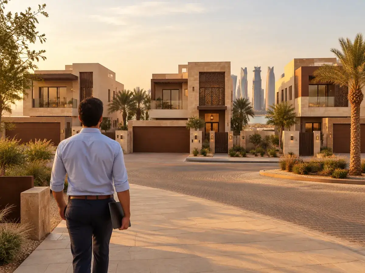 A property manager with a tablet walking toward a row of villas.