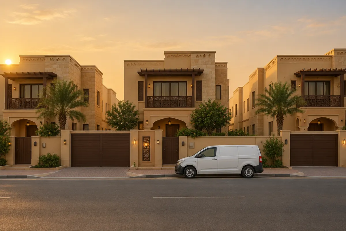A row of villas in morning light, looked after under one maintenance contract.