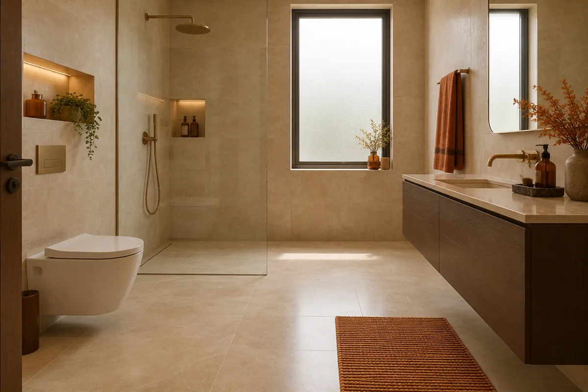 A finished villa bathroom in large-format tile with a walk-in shower, in daylight.