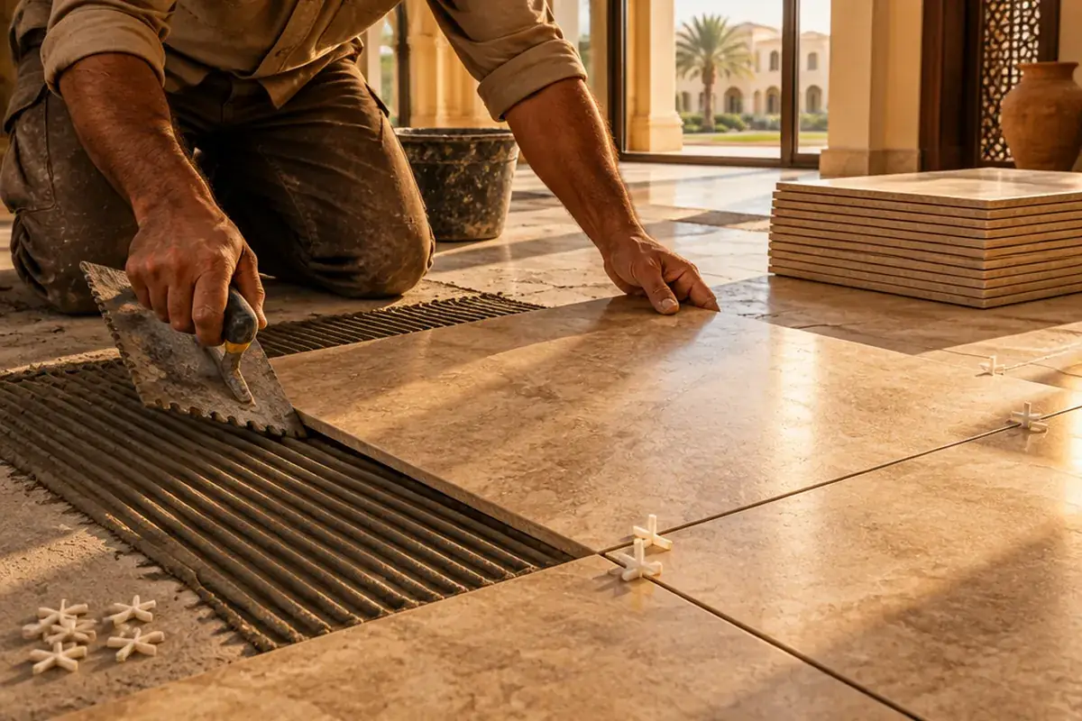 A tiler laying a floor tile in a Doha villa.