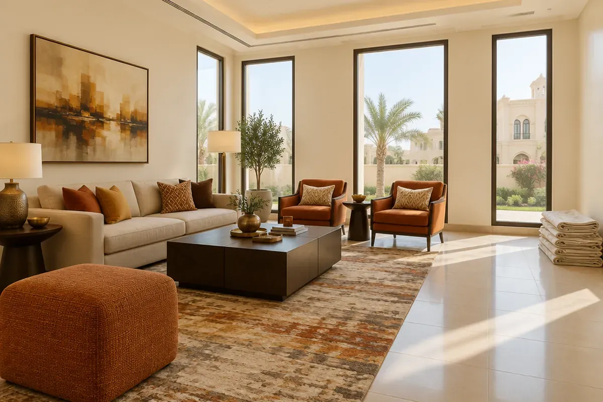 A villa living room after a full refresh: new floor, fresh walls and daylight.